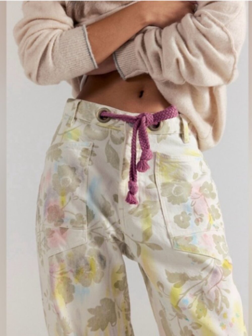 Free People Moxie Printed Flocked Barrel Jeans; Ivory Combo; Size 28; NWT